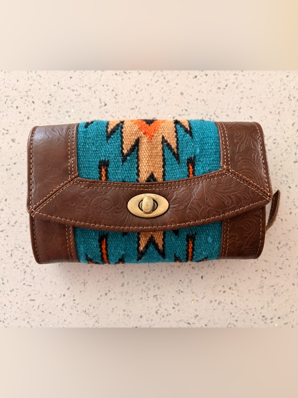 Crossbody Purse/Wallet/Clutch with Teal Aztec Fabric Accent